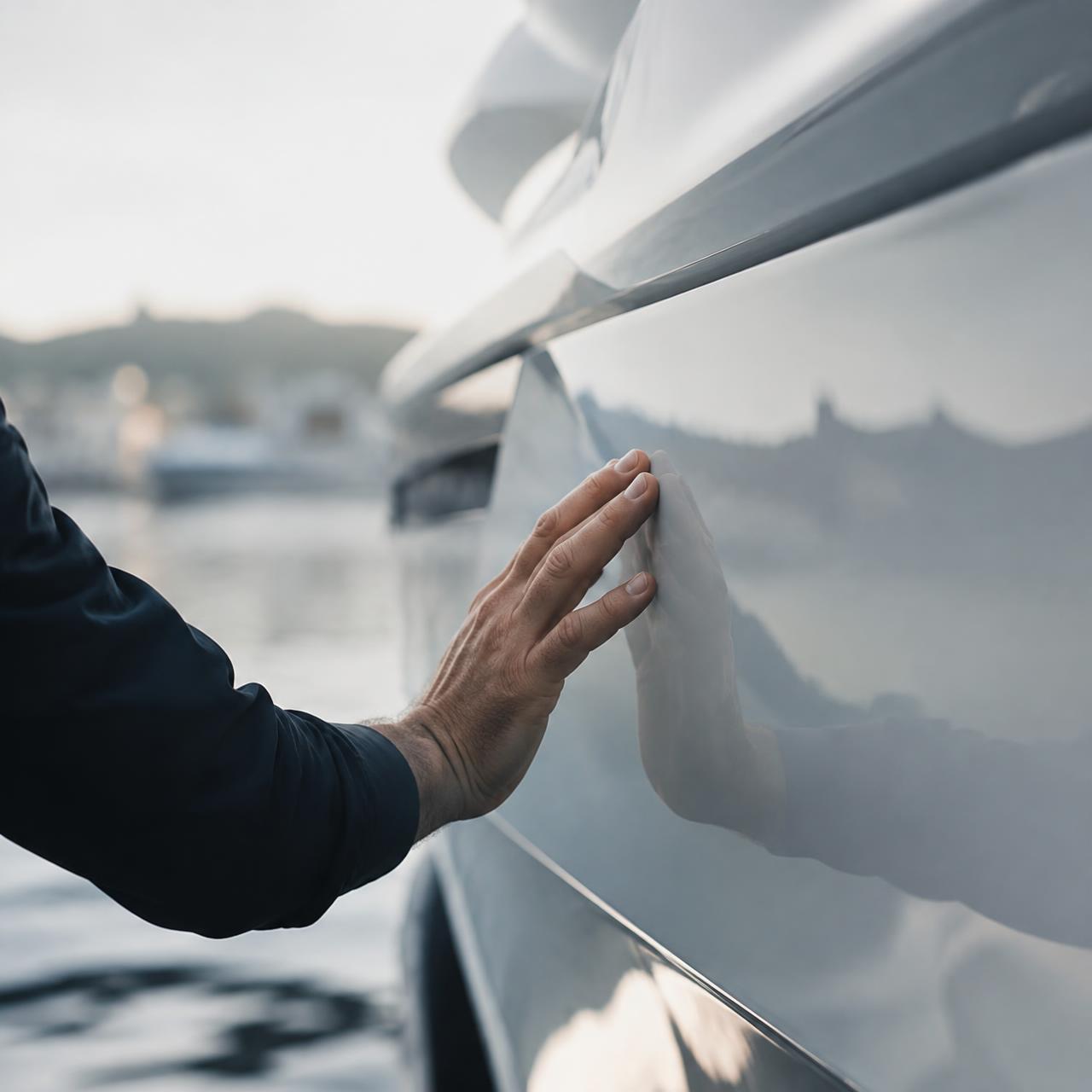 Craftsman inspecting a glossy yacht hull
