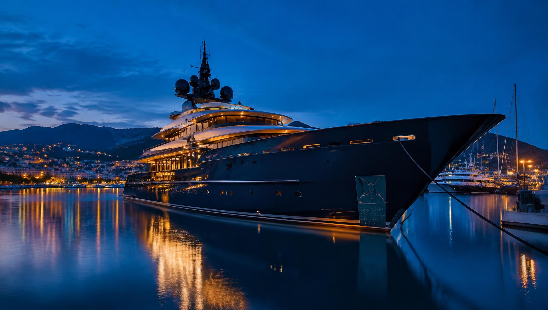 Superyacht moored in a Mediterranean marina at blue hour